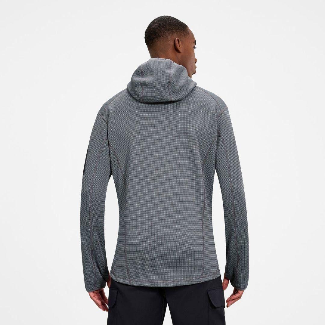 Berghaus Grey Pravitale MTN 2.0 Hooded Fleece Jacket for men, back view on model showing the hood and fitted stretch fleece, part of the Grey Pravitale MTN 2.0 Hooded Fleece Jacket & Cargo Pant Tracksuit
