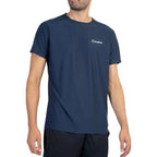 A man wearing a navy blue athletic t-shirt with a small white Berghaus logo on the left chest, shown against a plain white background.
