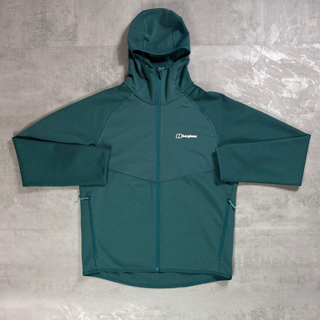 Berghaus Teal Trawden Jacket for men, flat lay of teal full-zip insulated jacket with adjustable hood, zipped side pockets and Berghaus branding on the chest
