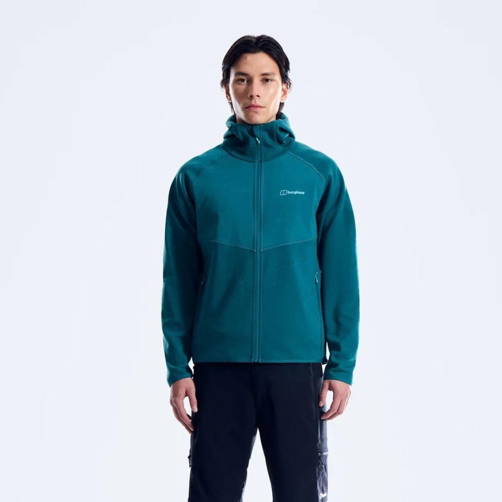 Berghaus Teal Trawden Jacket for men, front view on model of teal lightweight insulated jacket with full-zip fastening, adjustable hood and zipped pockets