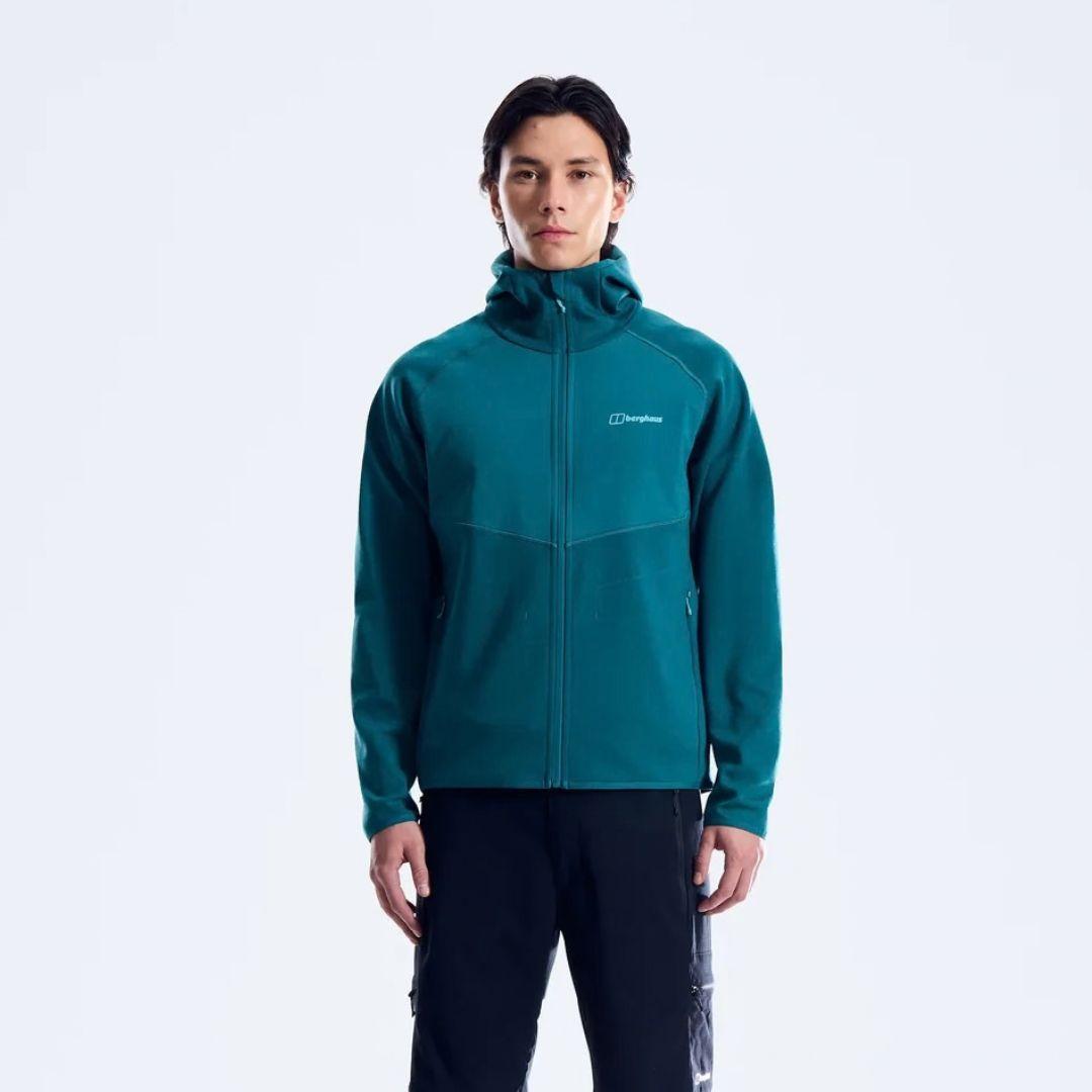 Berghaus Teal Trawden Jacket for men, front view on model of teal lightweight insulated jacket with full-zip fastening, adjustable hood and zipped pockets