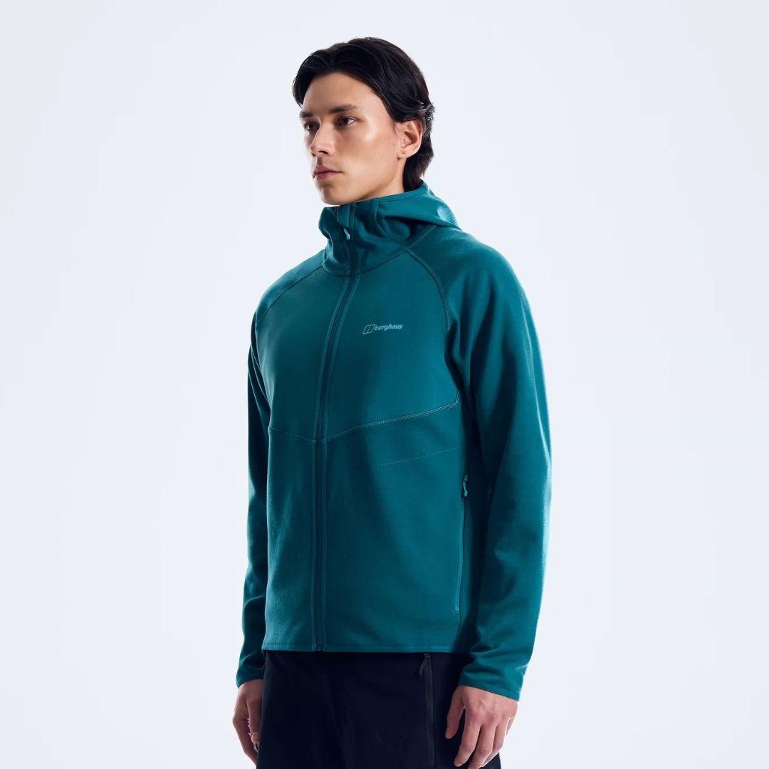 Berghaus Teal Trawden Jacket for men, front view on model of teal full-zip insulated jacket with adjustable hood and zipped pockets, part of the Teal Trawden Jacket and Pant Tracksuit