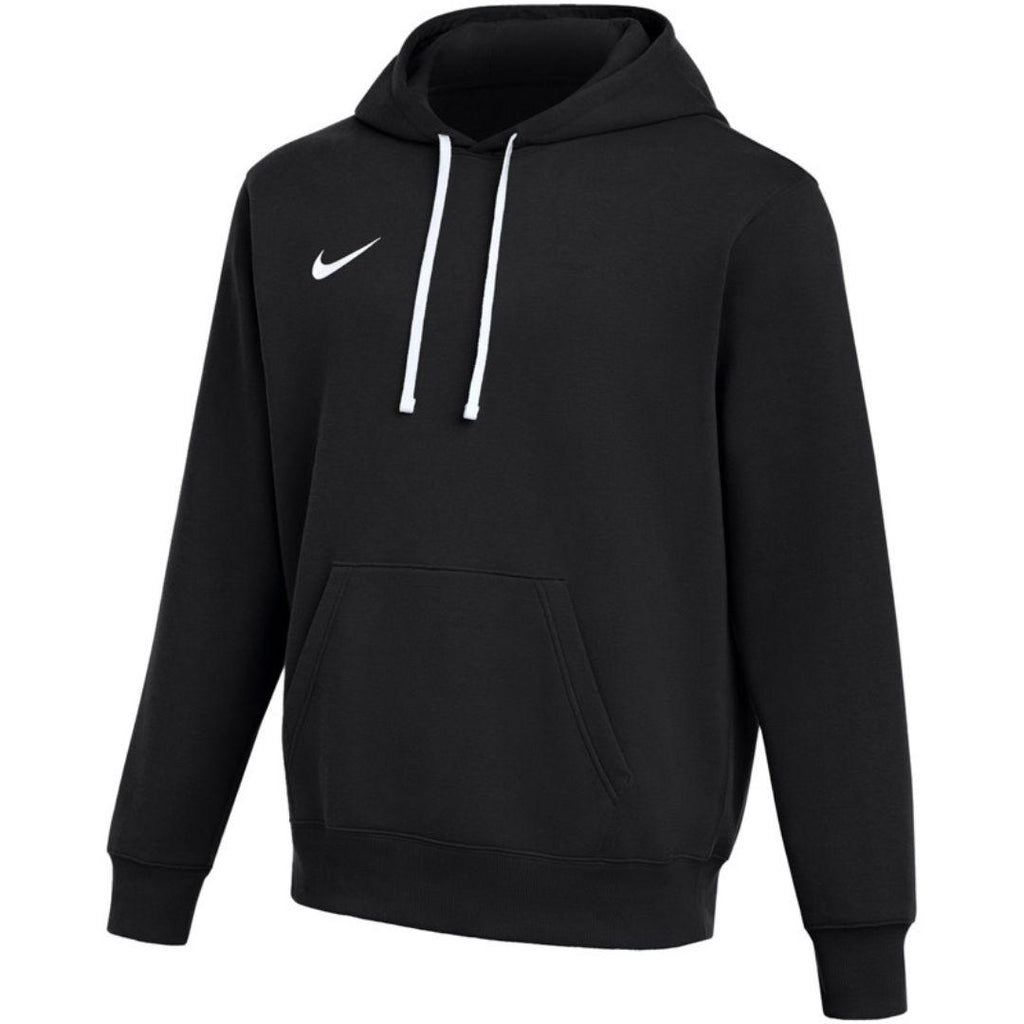 Nike Black Club Fleece pullover hoodie for men in black cotton fleece with white drawcords, adjustable hood, kangaroo pocket, ribbed cuffs and hem and white Nike swoosh on the chest