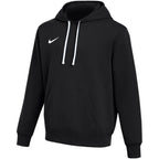 Nike Black Club Fleece pullover hoodie for men in black cotton fleece with white drawcords, adjustable hood, kangaroo pocket, ribbed cuffs and hem and white Nike swoosh on the chest