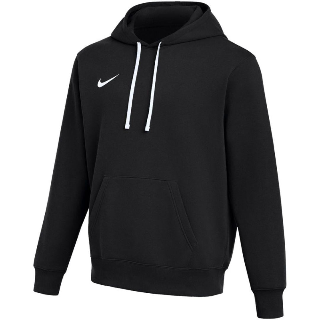 Nike Black Club Fleece pullover hoodie for men in black cotton fleece with white drawcords, adjustable hood, kangaroo pocket, ribbed cuffs and hem and white Nike swoosh on the chest