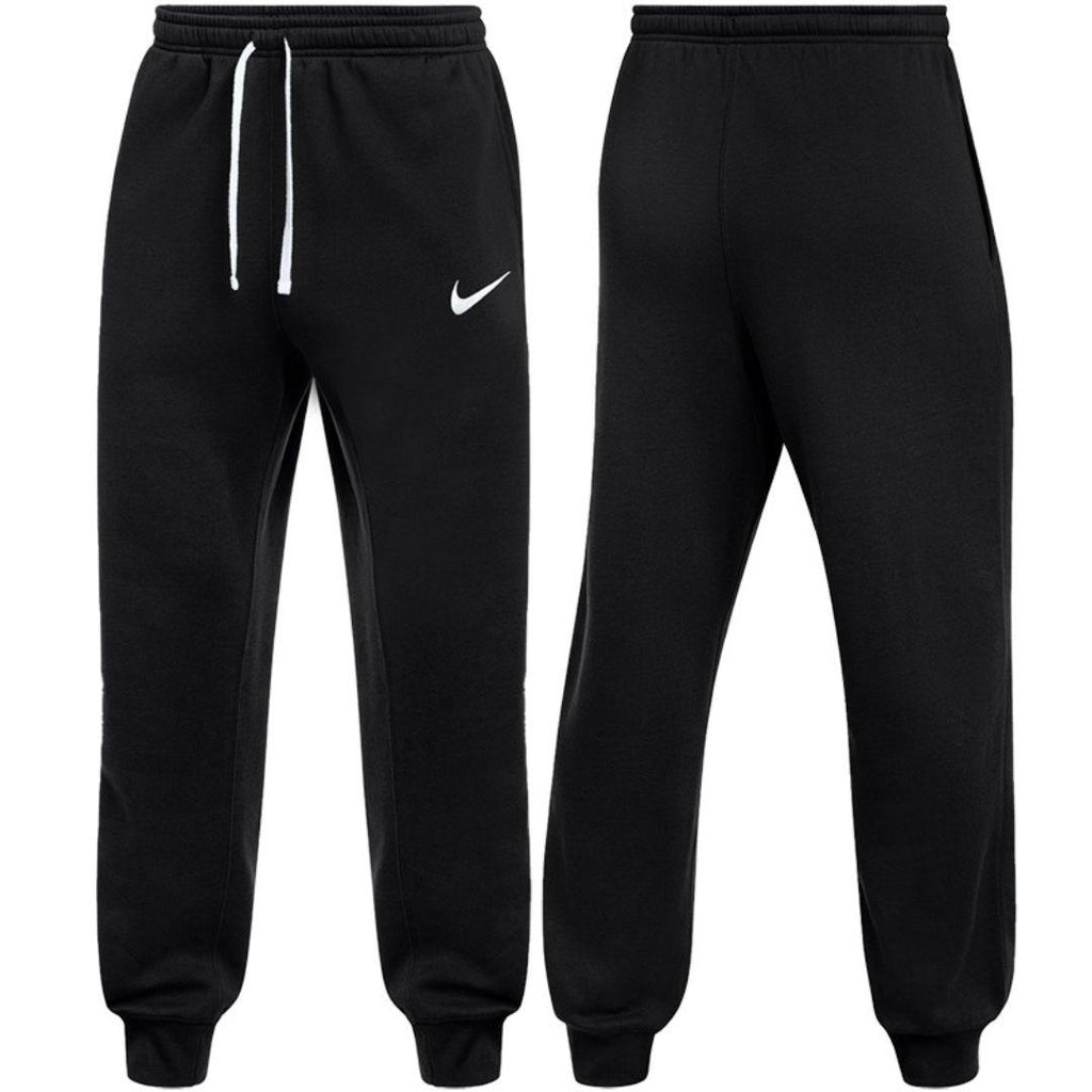 Nike Black Club Fleece joggers for men, front and back view of black cotton fleece joggers with elasticated white drawcord waist, ribbed cuffs and white Nike swoosh, part of the Black Club Fleece Tracksuit