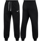 Nike Black Club Fleece joggers for men, front and back view of black cotton fleece joggers with elasticated white drawcord waist, ribbed cuffs and white Nike swoosh, part of the Black Club Fleece Tracksuit