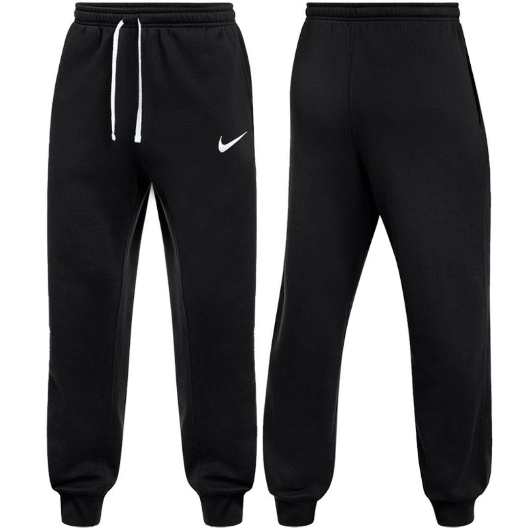 Nike Black Club Fleece joggers for men, front and back view of black cotton fleece joggers with elasticated white drawcord waist, ribbed cuffs and white Nike swoosh, part of the Black Club Fleece Tracksuit