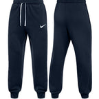 Nike navy Club Fleece joggers for men, front and back view of navy cotton fleece joggers with elasticated white drawcord waist, ribbed cuffs and white Nike swoosh, part of the Blue Club Fleece Tracksuit