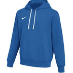 Nike Blue Club Fleece pullover hoodie for men in royal blue cotton fleece with white drawcords, adjustable hood, kangaroo pocket, ribbed cuffs and hem and white Nike swoosh on the chest