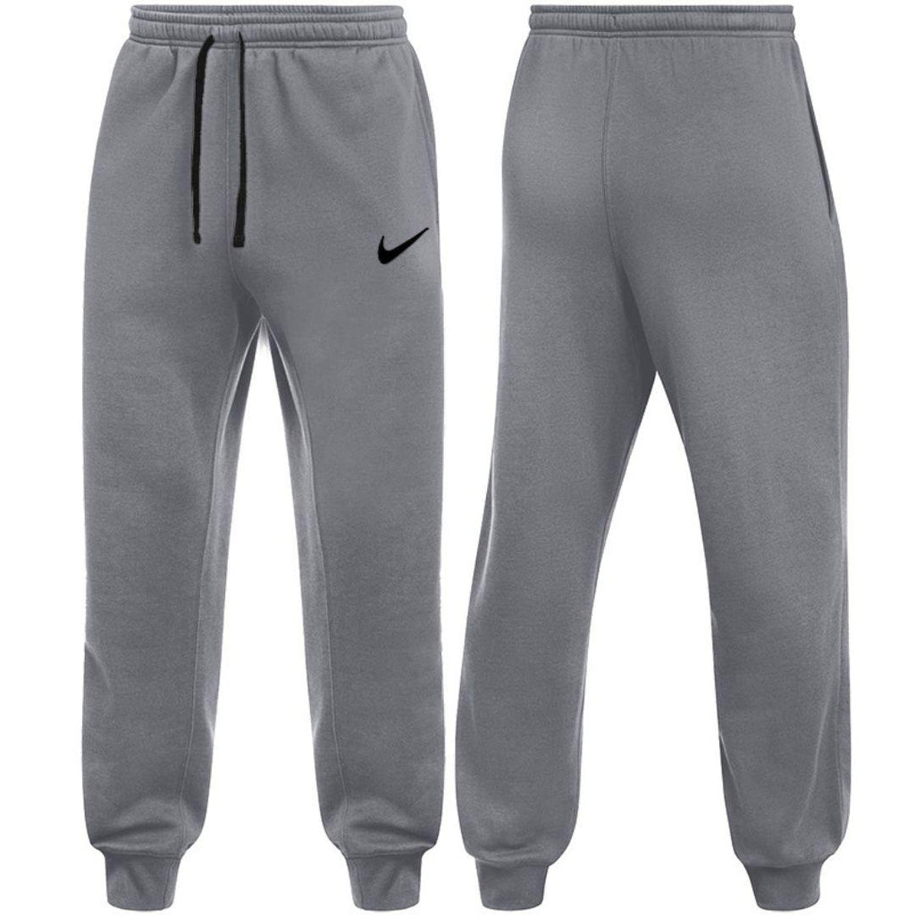 Nike Grey Club Fleece joggers for men, front and back view of grey cotton fleece joggers with elasticated drawcord waist, ribbed cuffs and black Nike swoosh, part of the Grey Club Fleece Tracksuit