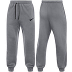 Nike Grey Club Fleece joggers for men, front and back view of grey cotton fleece joggers with elasticated drawcord waist, ribbed cuffs and black Nike swoosh, part of the Grey Club Fleece Tracksuit