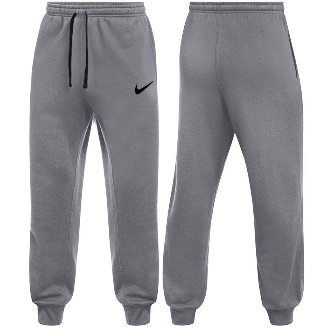 Nike Grey Club Fleece joggers for men, front and back view of grey cotton fleece joggers with elasticated drawcord waist, ribbed cuffs and black Nike swoosh, part of the Grey Club Fleece Tracksuit