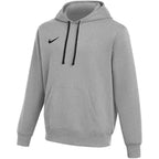 Nike Grey Club Fleece pullover hoodie for men in marl grey cotton fleece with black drawcords, adjustable hood, kangaroo pocket, ribbed cuffs and hem and black Nike swoosh on the chest