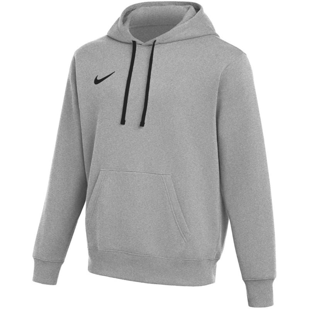 Nike Grey Club Fleece pullover hoodie for men in marl grey cotton fleece with black drawcords, adjustable hood, kangaroo pocket, ribbed cuffs and hem and black Nike swoosh on the chest