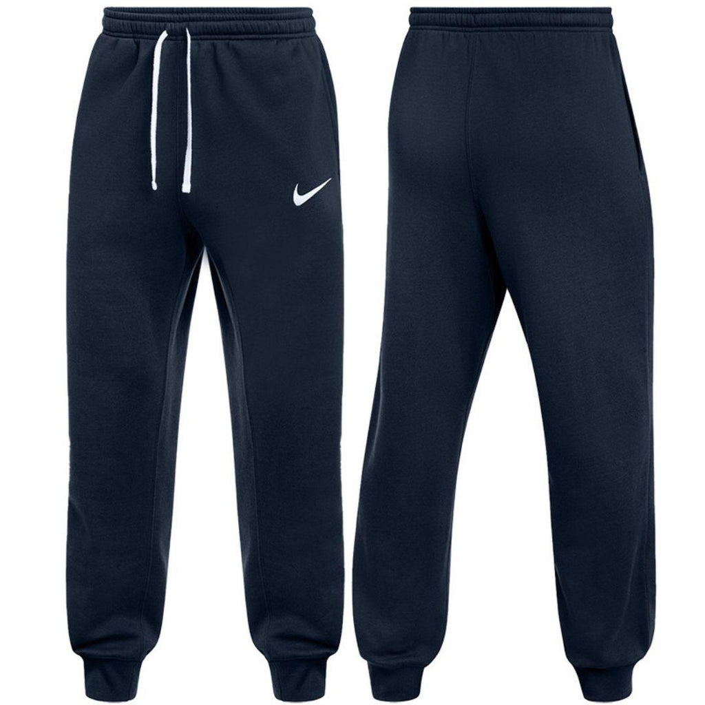 Nike Navy Club Fleece joggers for men, front and back view of navy cotton fleece joggers with elasticated white drawcord waist, ribbed cuffs and white Nike swoosh, part of the Navy Club Fleece Tracksuit