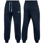 Nike Navy Club Fleece joggers for men, front and back view of navy cotton fleece joggers with elasticated white drawcord waist, ribbed cuffs and white Nike swoosh, part of the Navy Club Fleece Tracksuit