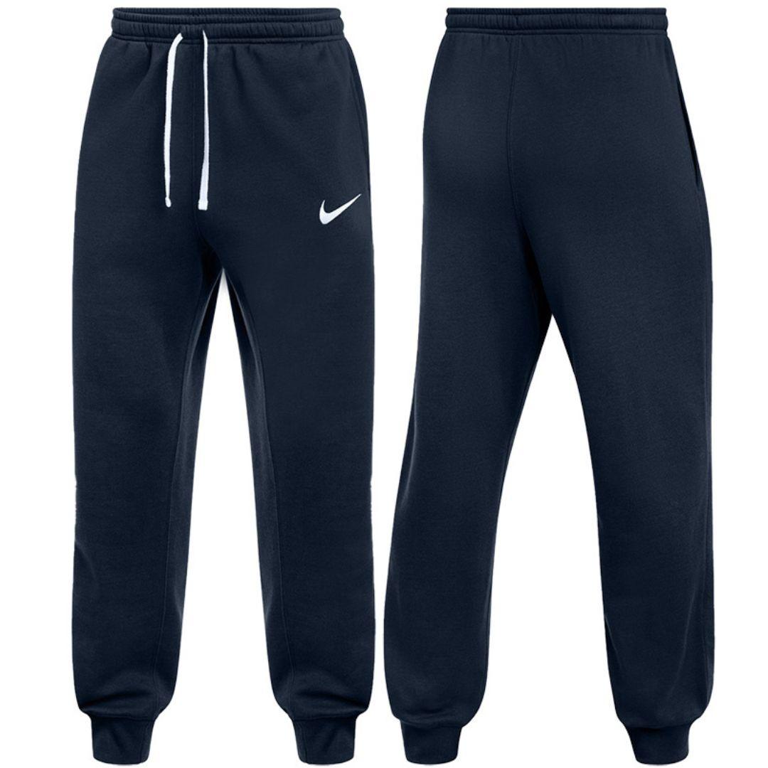 Nike Navy Club Fleece joggers for men, front and back view of navy cotton fleece joggers with elasticated white drawcord waist, ribbed cuffs and white Nike swoosh, part of the Navy Club Fleece Tracksuit