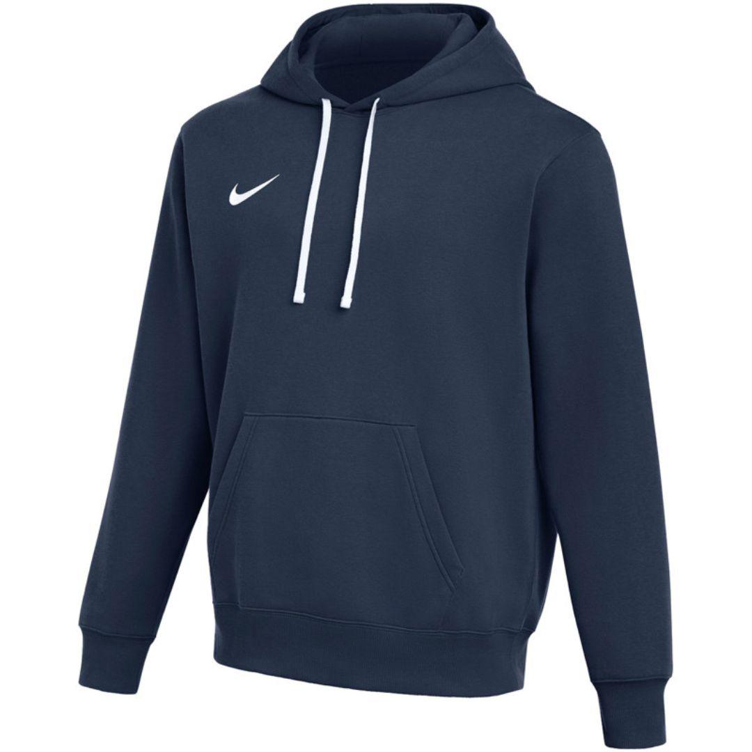 Nike Navy Club Fleece pullover hoodie for men in navy cotton fleece with white drawcords, adjustable hood, kangaroo pocket, ribbed cuffs and hem and white Nike swoosh on the chest