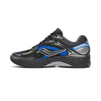 A Saucony athletic sneaker in black mesh with vibrant blue and silver accents, shown in a side profile on a white background.
