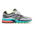 A Saucony athletic running shoe in white, black, and gray mesh with a bright turquoise midsole, coral orange heel, and neon yellow accents.