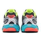 A pair of Ankle running shoes shown from the back, featuring a black mesh upper with gray and white overlays, a bright neon yellow-green collar, a coral pink accent, and a chunky turquoise and coral sole.
