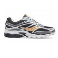 A Saucony Progrid 9 running shoe in black, white, and silver with a distinctive orange logo on the side, shown against a plain white background.