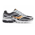 A Saucony Progrid 9 running shoe in black, white, and silver with a distinctive orange logo on the side, shown against a plain white background.
