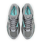 A pair of Saucony athletic sneakers shown from a top-down view on a plain white background. The shoes feature a gray mesh upper with black overlays, gray laces, and light blue accents on the inner lining and around the eyelets.