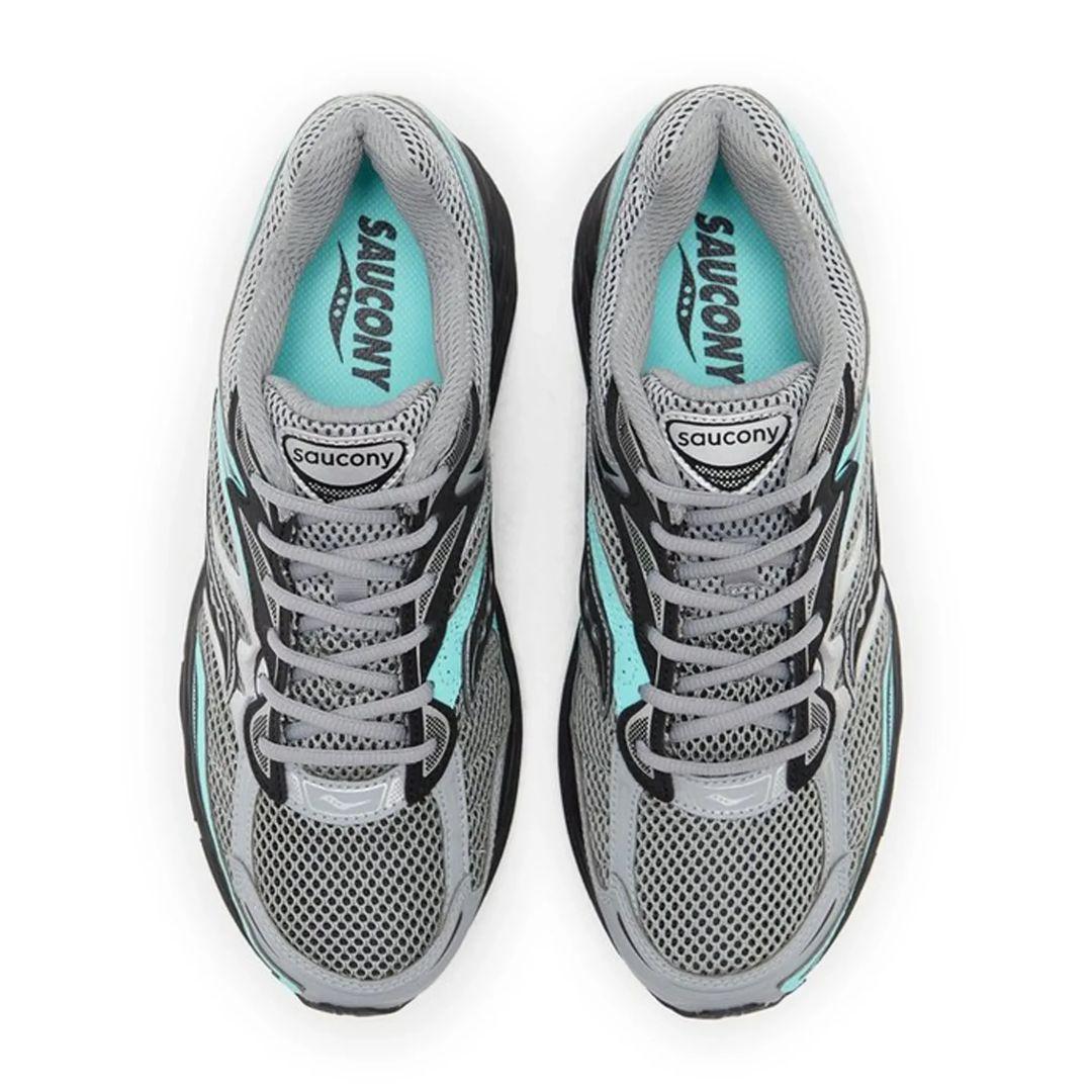 A pair of Saucony athletic sneakers shown from a top-down view on a plain white background. The shoes feature a gray mesh upper with black overlays, gray laces, and light blue accents on the inner lining and around the eyelets.