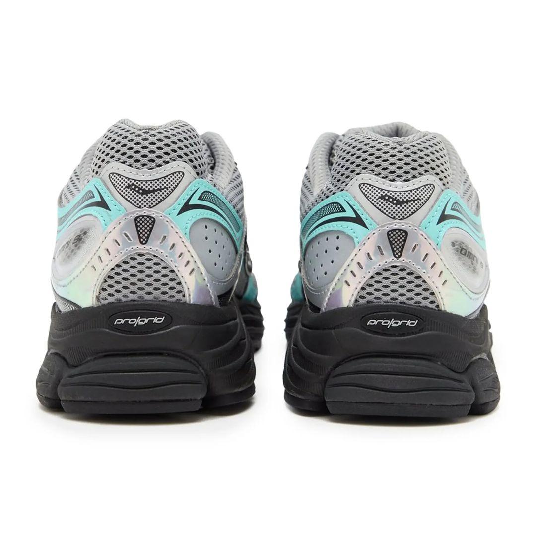 Pair of gray and black running shoes with a visible brand logo on a white background