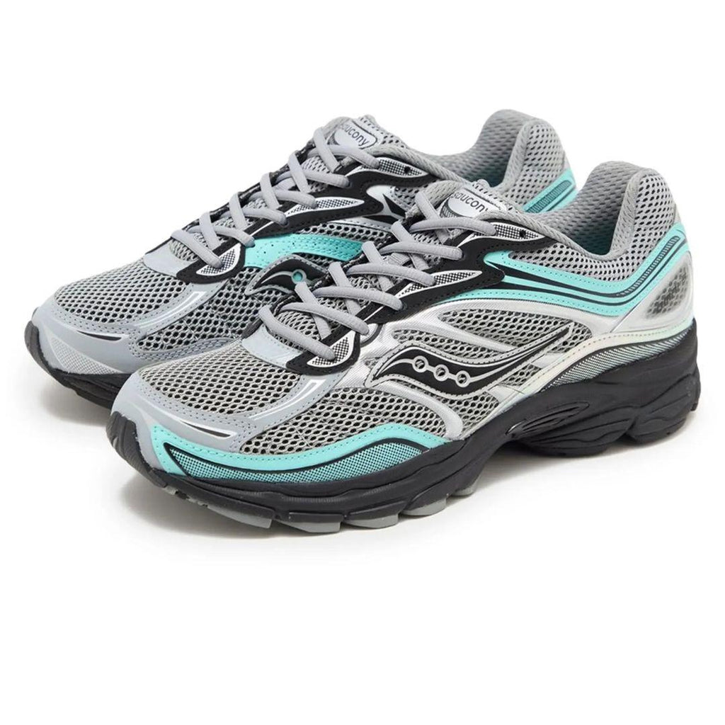 A pair of Saucony athletic running shoes in gray and black mesh with bright turquoise accents, shown on a clean white background.