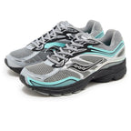 A pair of Saucony athletic running shoes in gray and black mesh with bright turquoise accents, shown on a clean white background.